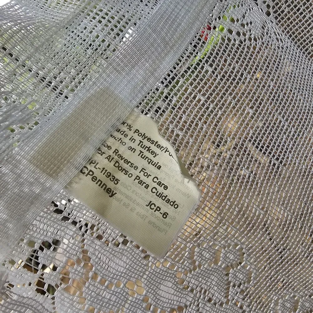 Vintage 90s JCPenney White Lace Curtains Pastel Floral Accents Scalloped Edge